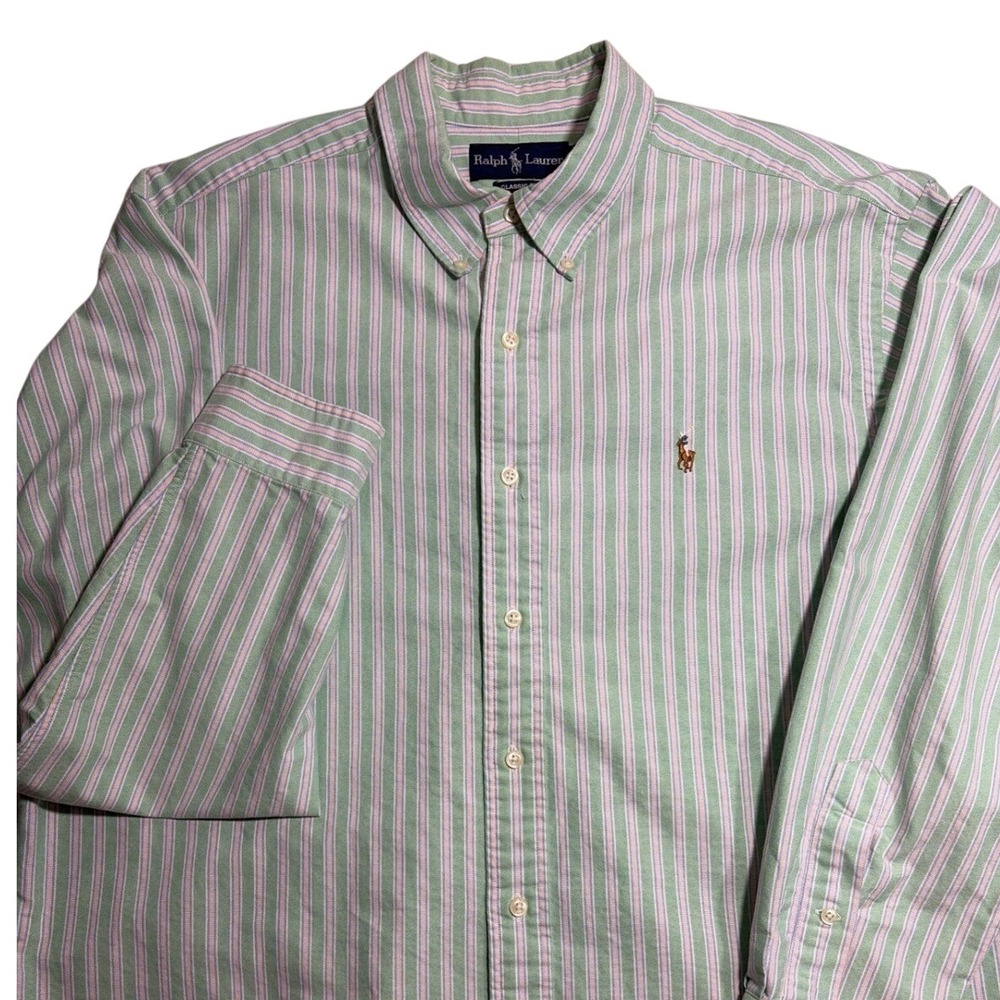 Polo Ralph Lauren Mens XL Classic Fit Oxford Shirt Green Orange Stripe LS